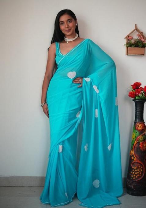 Sky Blue Embroidered Georgette Saree Set