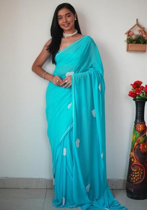 Sky Blue Embroidered Georgette Saree Set