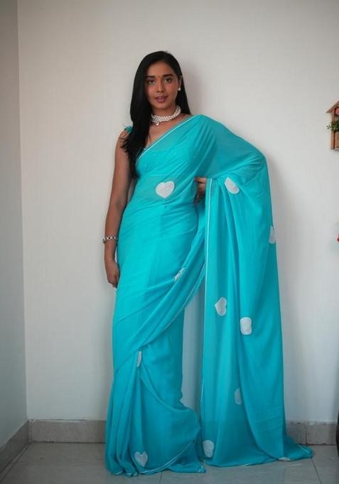 Sky Blue Embroidered Georgette Saree Set