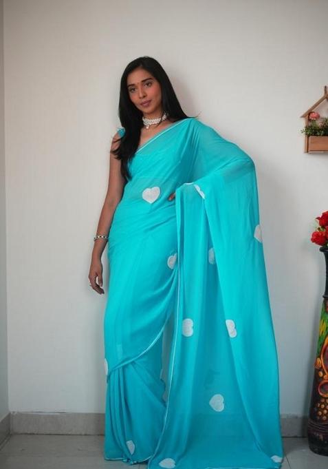 Sky Blue Embroidered Georgette Saree Set