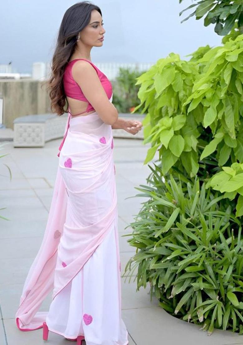 White Embroidered Georgette Saree Set - Indya