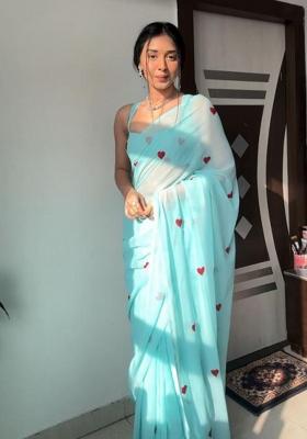 Sky Blue Embroidered Georgette Saree Set