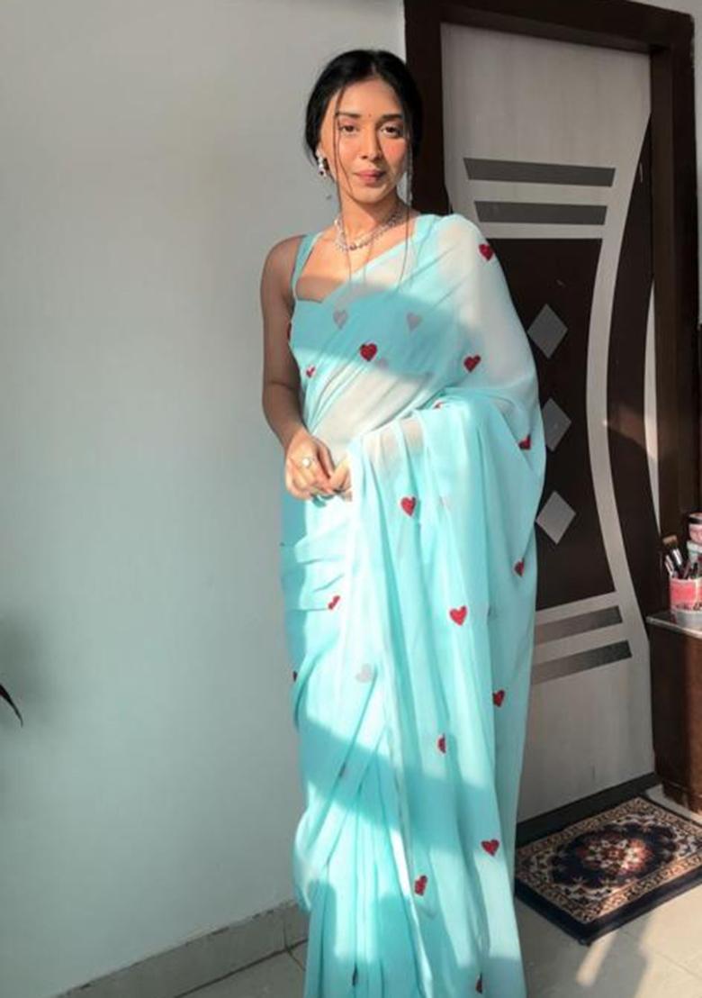 Sky Blue Embroidered Georgette Saree Set