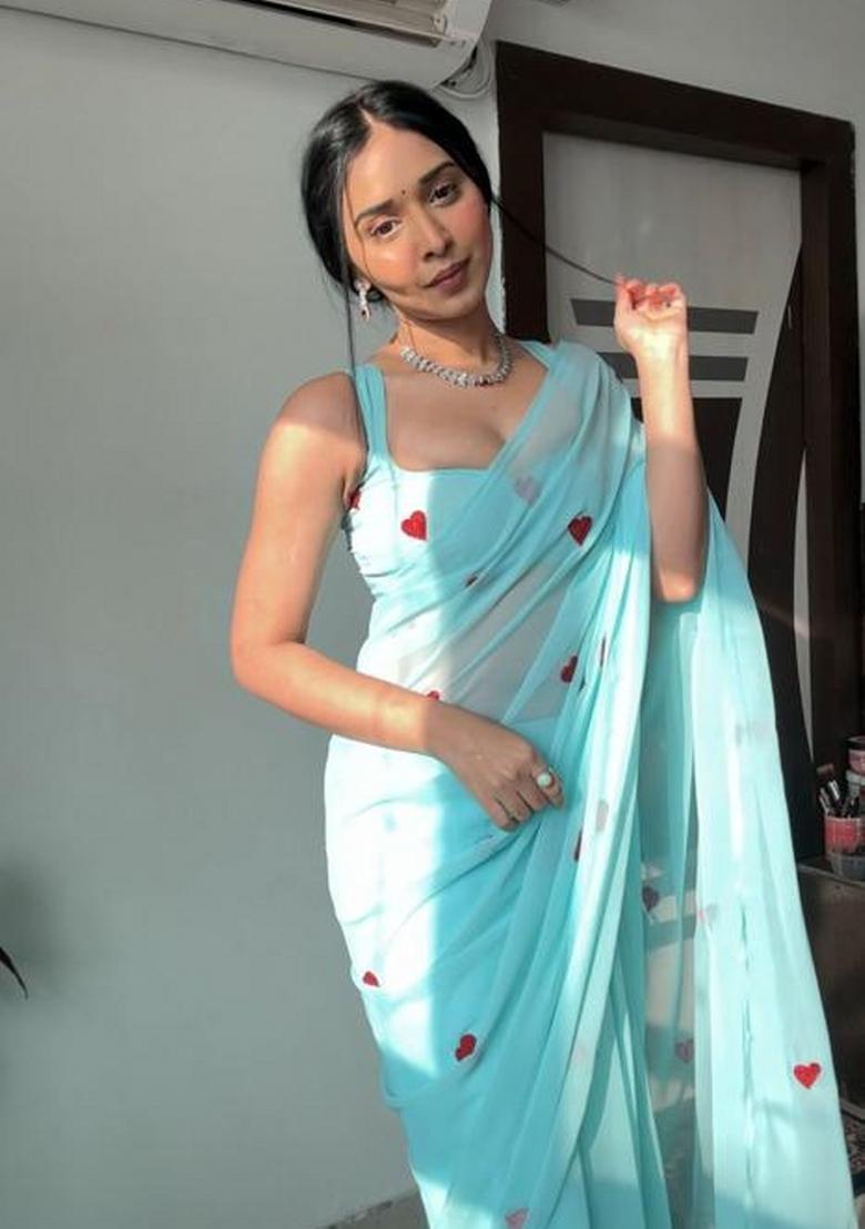 Sky Blue Embroidered Georgette Saree Set - Indya