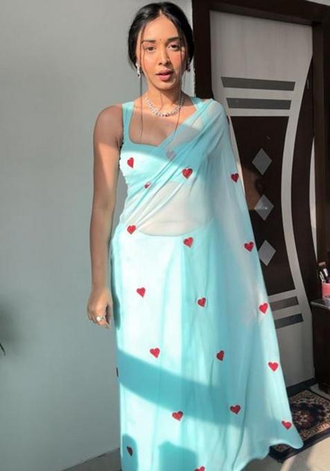 Sky Blue Embroidered Georgette Saree Set