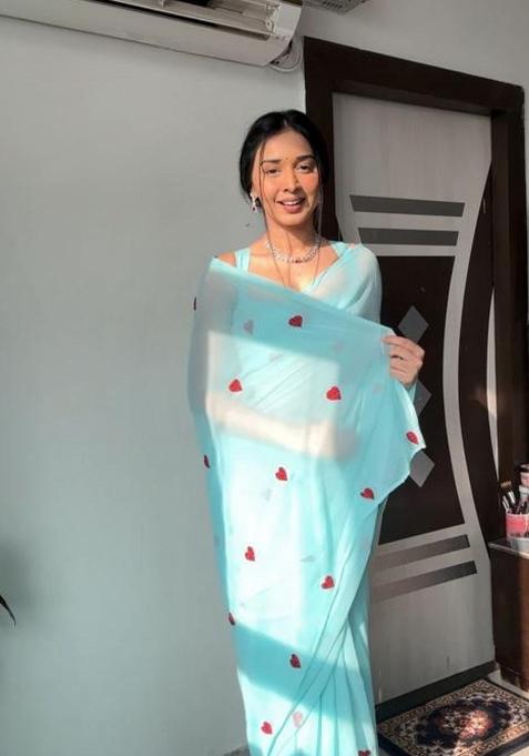 Sky Blue Embroidered Georgette Saree Set