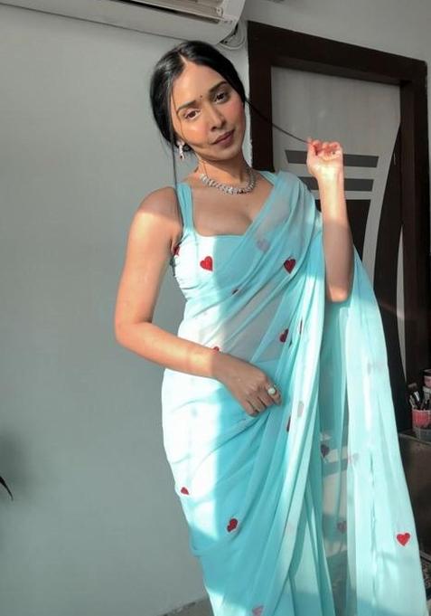 Sky Blue Embroidered Georgette Saree Set