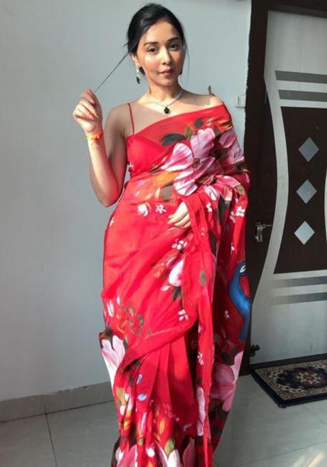 Red Embroidered Georgette Saree Set