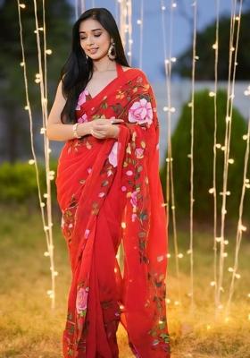 Red Embroidered Georgette Saree Set