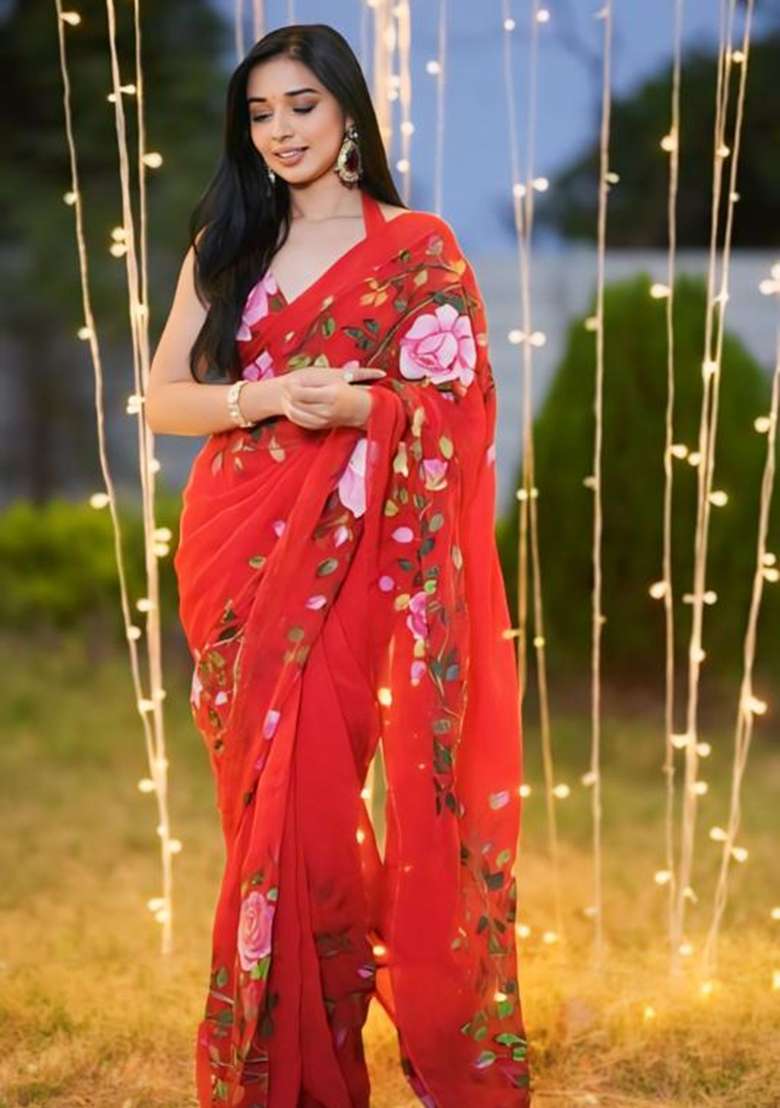Red Embroidered Georgette Saree Set - Indya