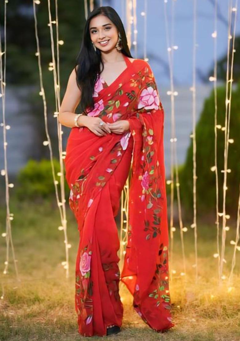 Red Embroidered Georgette Saree Set - Indya