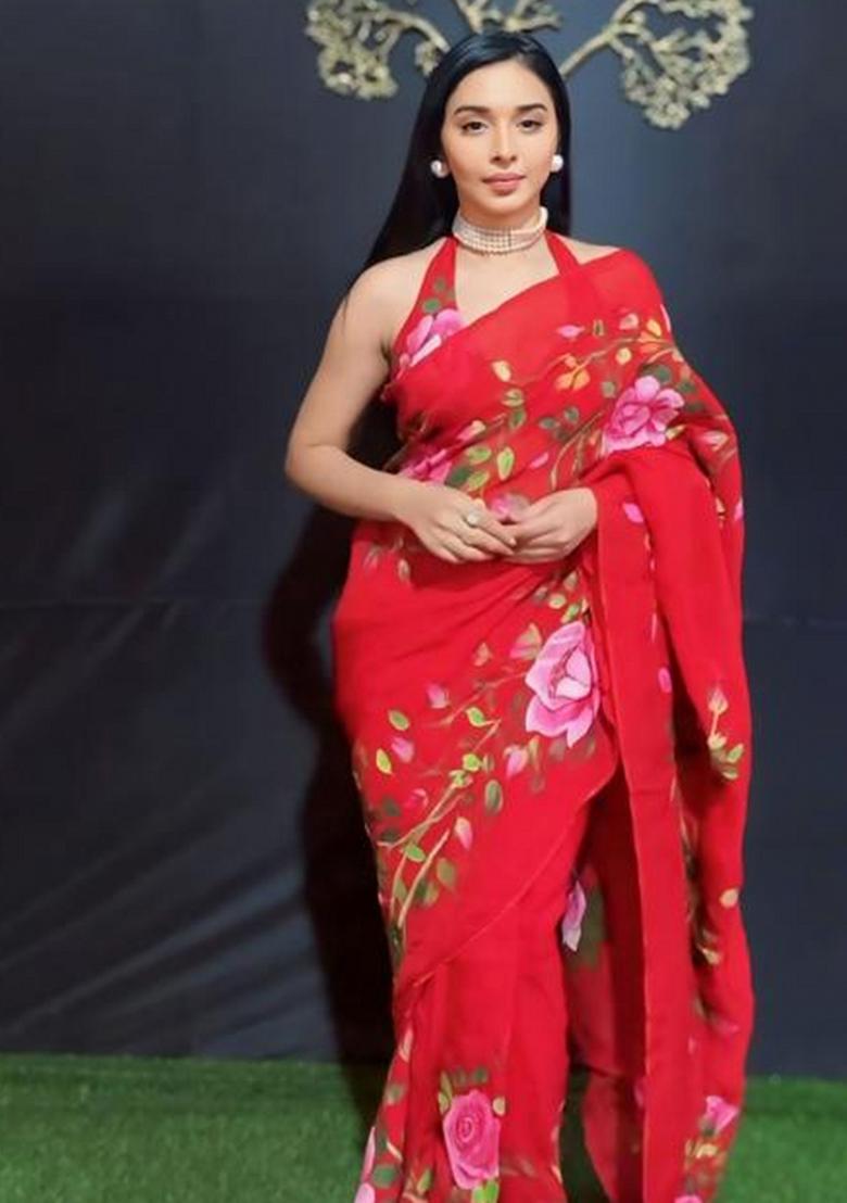 Red Embroidered Georgette Saree Set - Indya