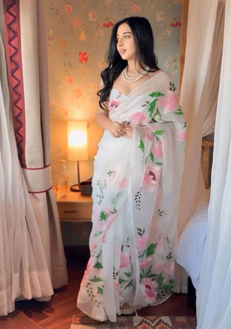 White Embroidered Organza Saree Set - Indya