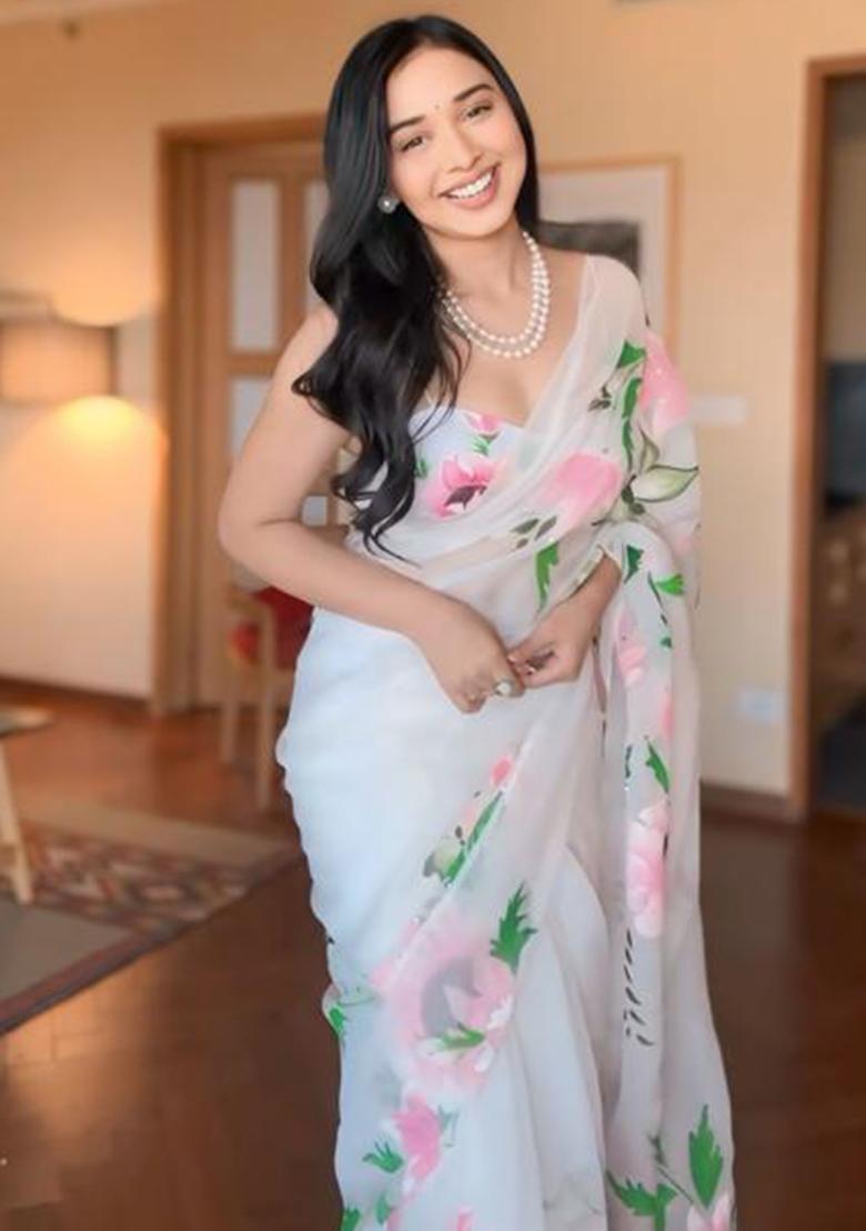 White Embroidered Organza Saree Set - Indya