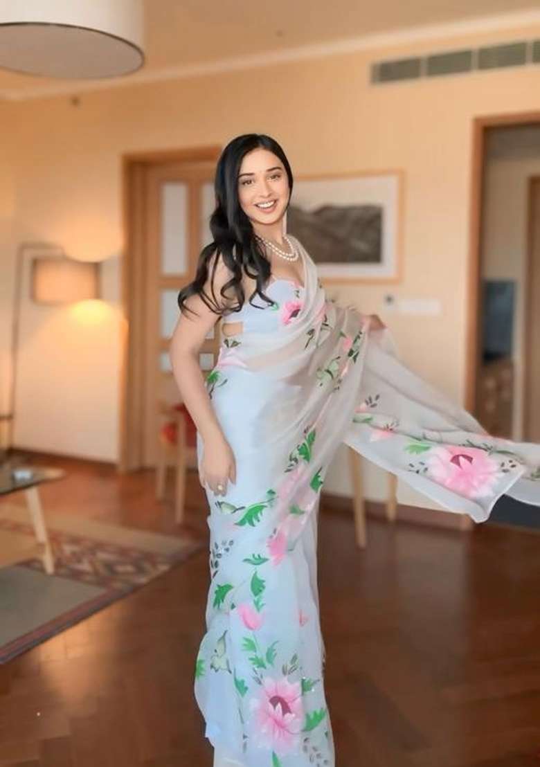 White Embroidered Organza Saree Set - Indya