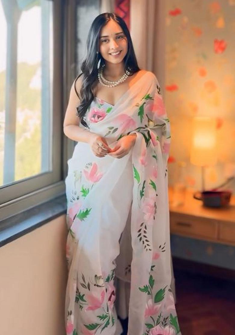 White Embroidered Organza Saree Set - Indya