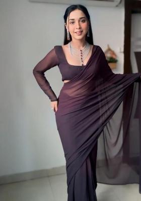 Coffee Embroidered Georgette Saree Set