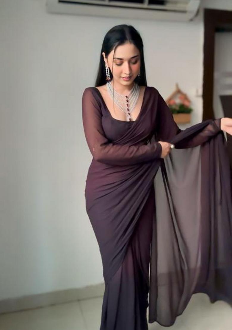 Coffee Embroidered Georgette Saree Set - Indya