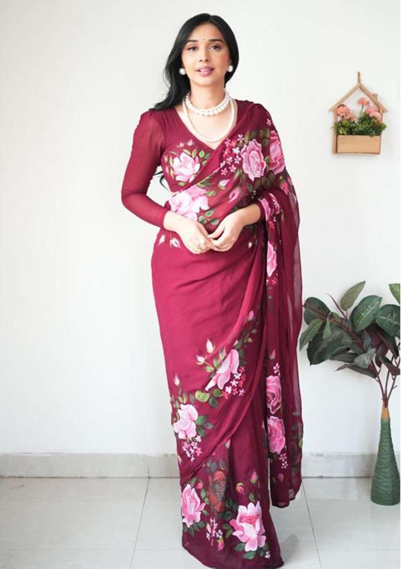 Maroon Embroidered Georgette Saree Set - Indya