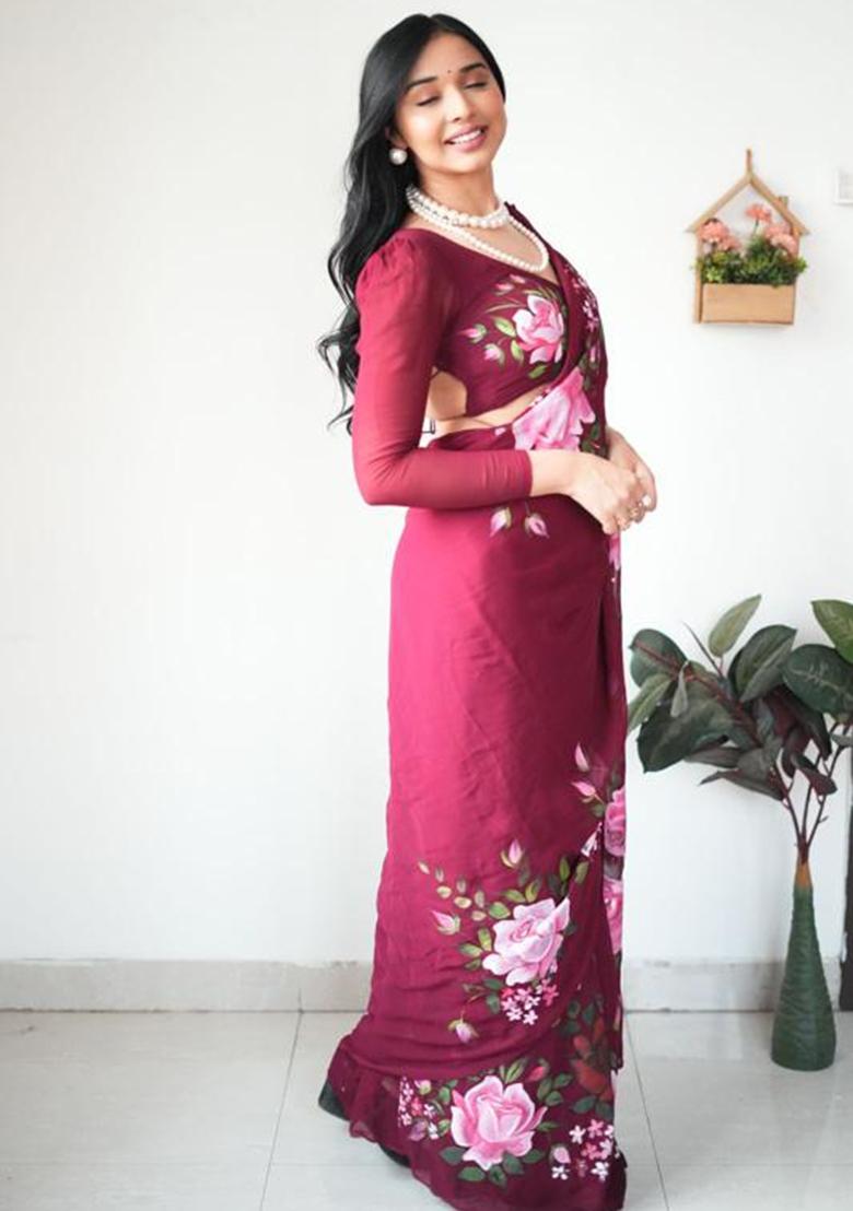 Maroon Embroidered Georgette Saree Set - Indya