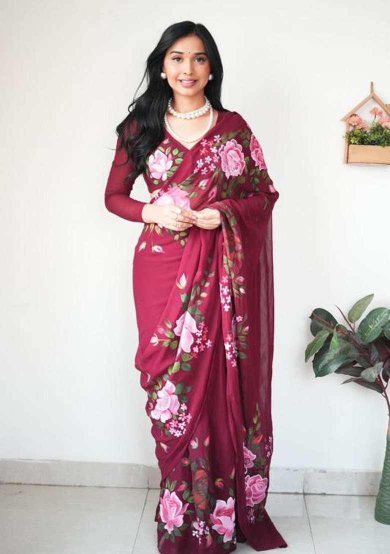 Maroon Embroidered Georgette Saree Set - Indya