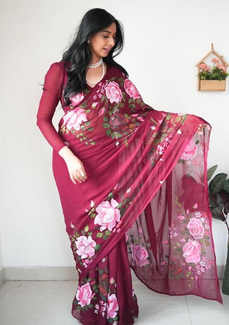 Maroon Embroidered Georgette Saree Set - Indya