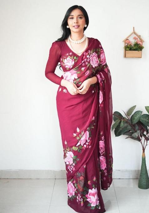Maroon Embroidered Georgette Saree Set