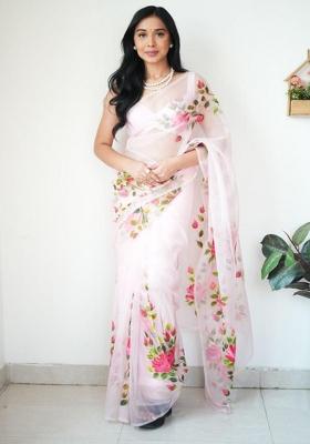 White Embroidered Organza Saree Set