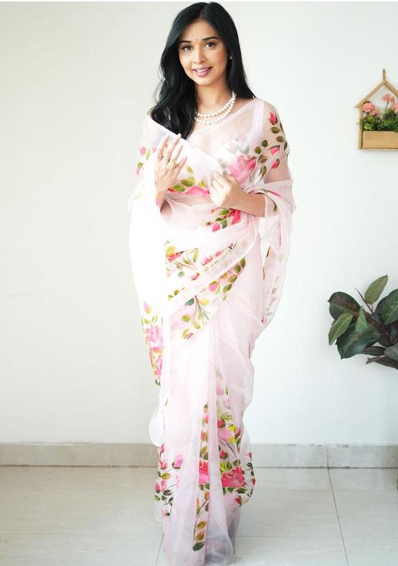 White Embroidered Organza Saree Set - Indya