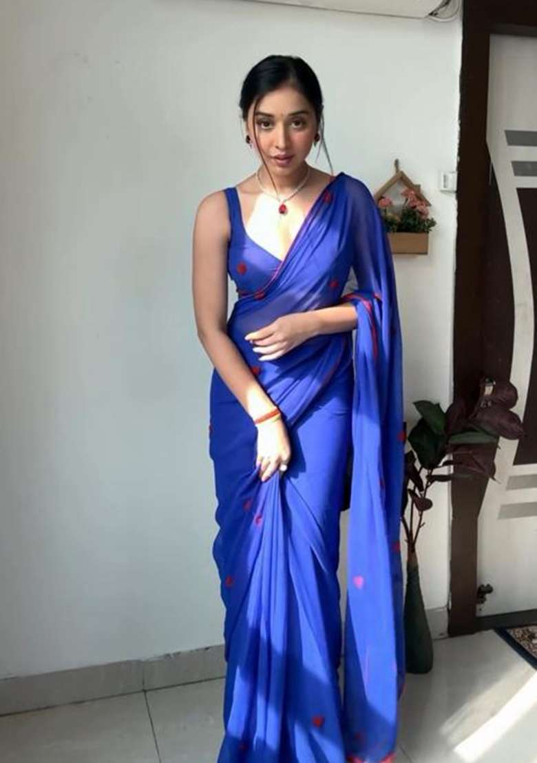 Blue Embroidered Georgette Saree Set - Indya