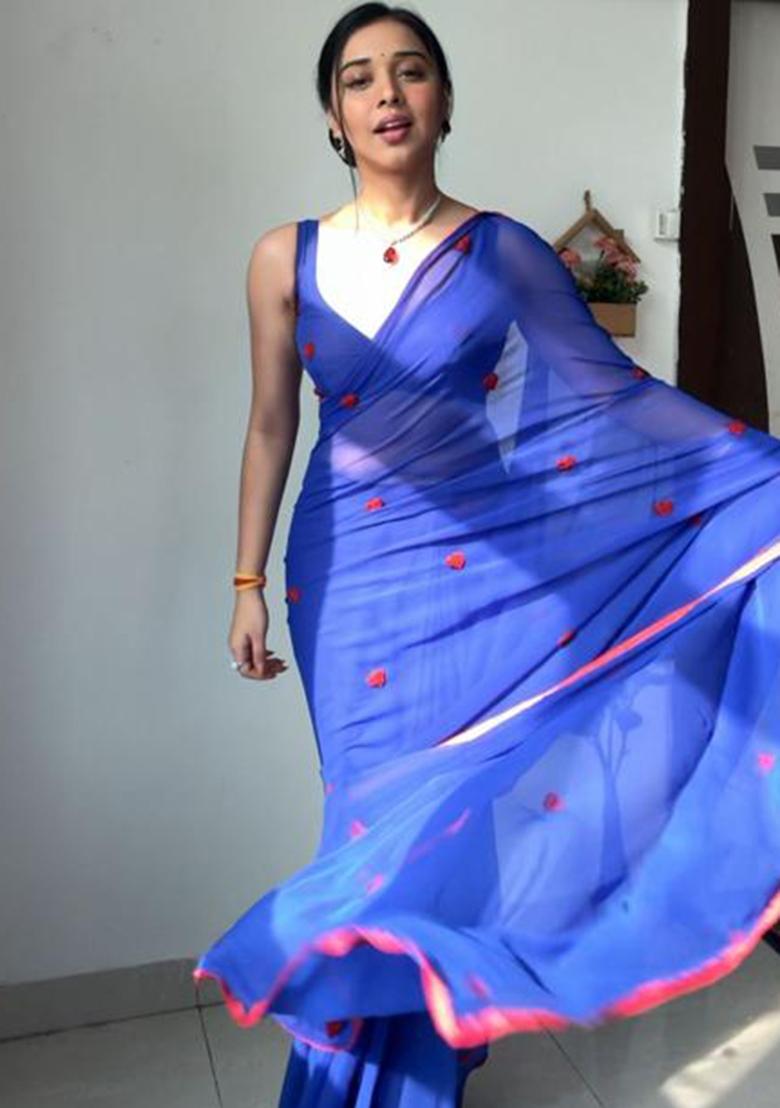 Blue Embroidered Georgette Saree Set - Indya