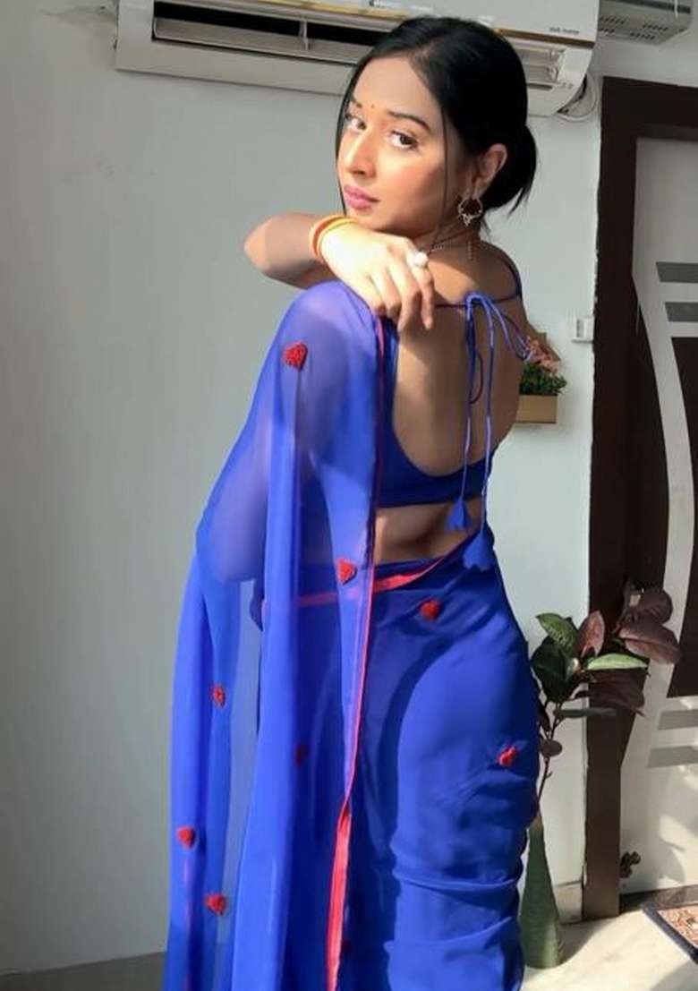 Blue Embroidered Georgette Saree Set - Indya