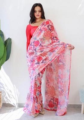 Pink Embroidered Organza Saree Set