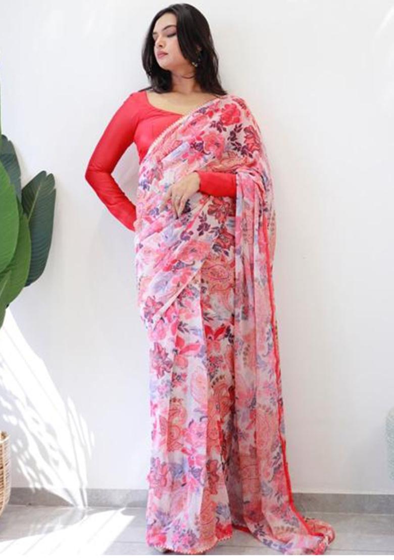 Pink Embroidered Organza Saree Set - Indya