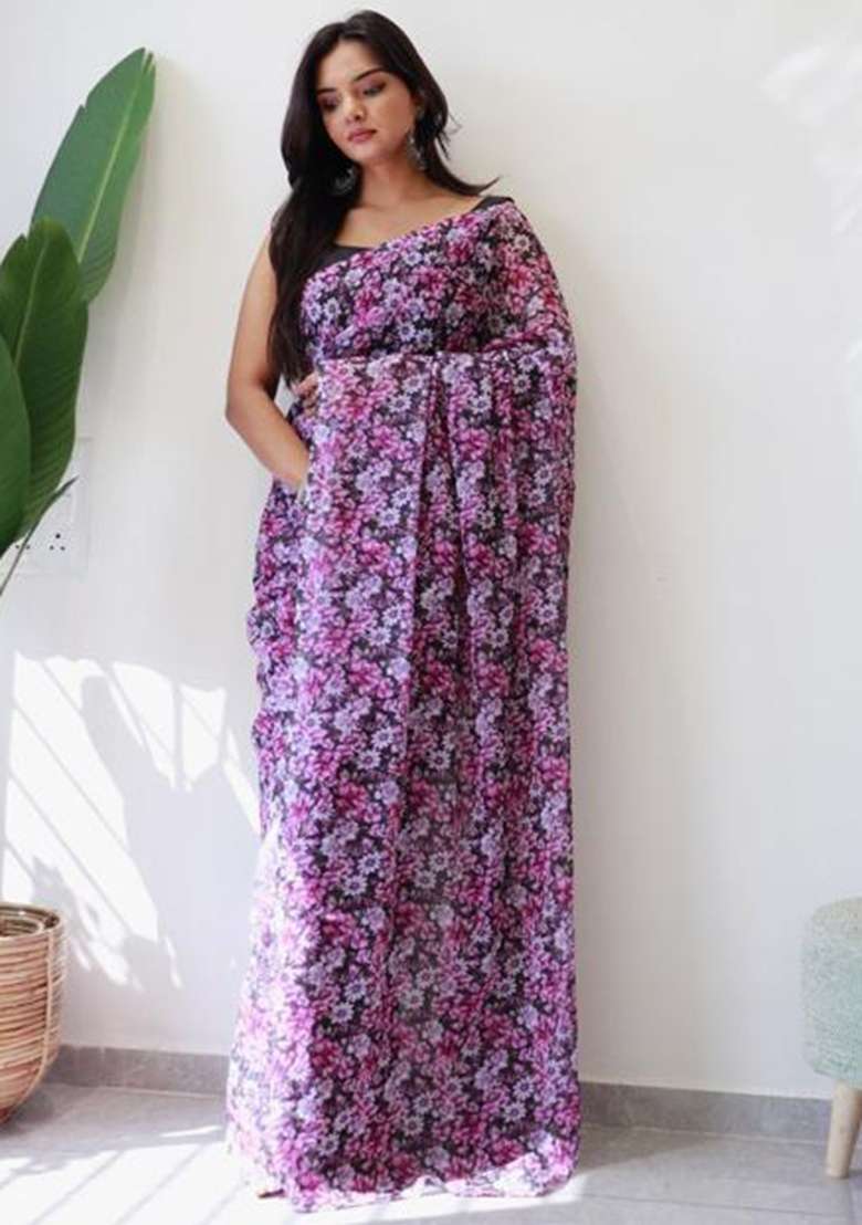 Purple Embroidered Georgette Saree Set - Indya