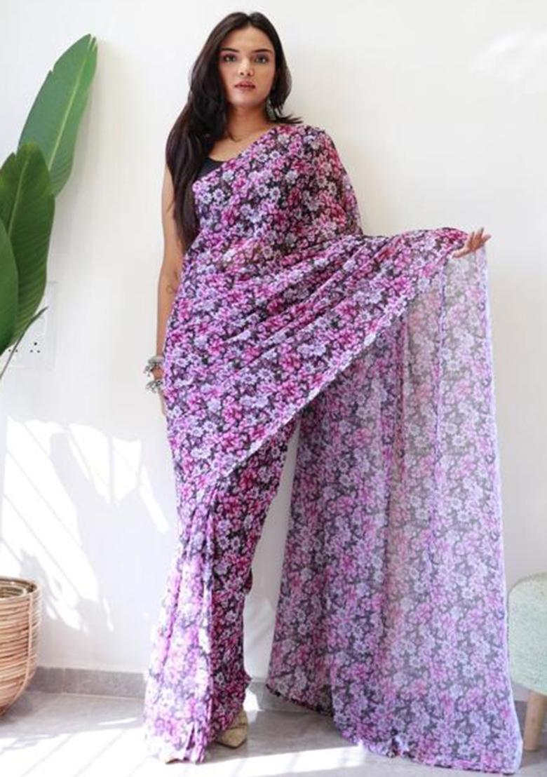 Purple Embroidered Georgette Saree Set - Indya
