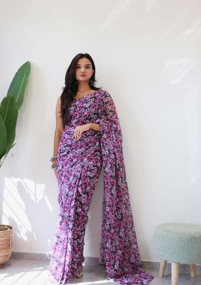 Purple Embroidered Georgette Saree Set - Indya