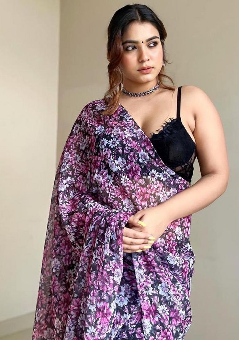 Purple Embroidered Georgette Saree Set - Indya