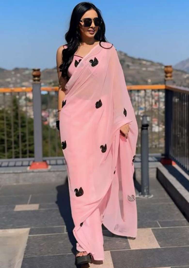 Pink Embroidered Georgette Saree Set - Indya