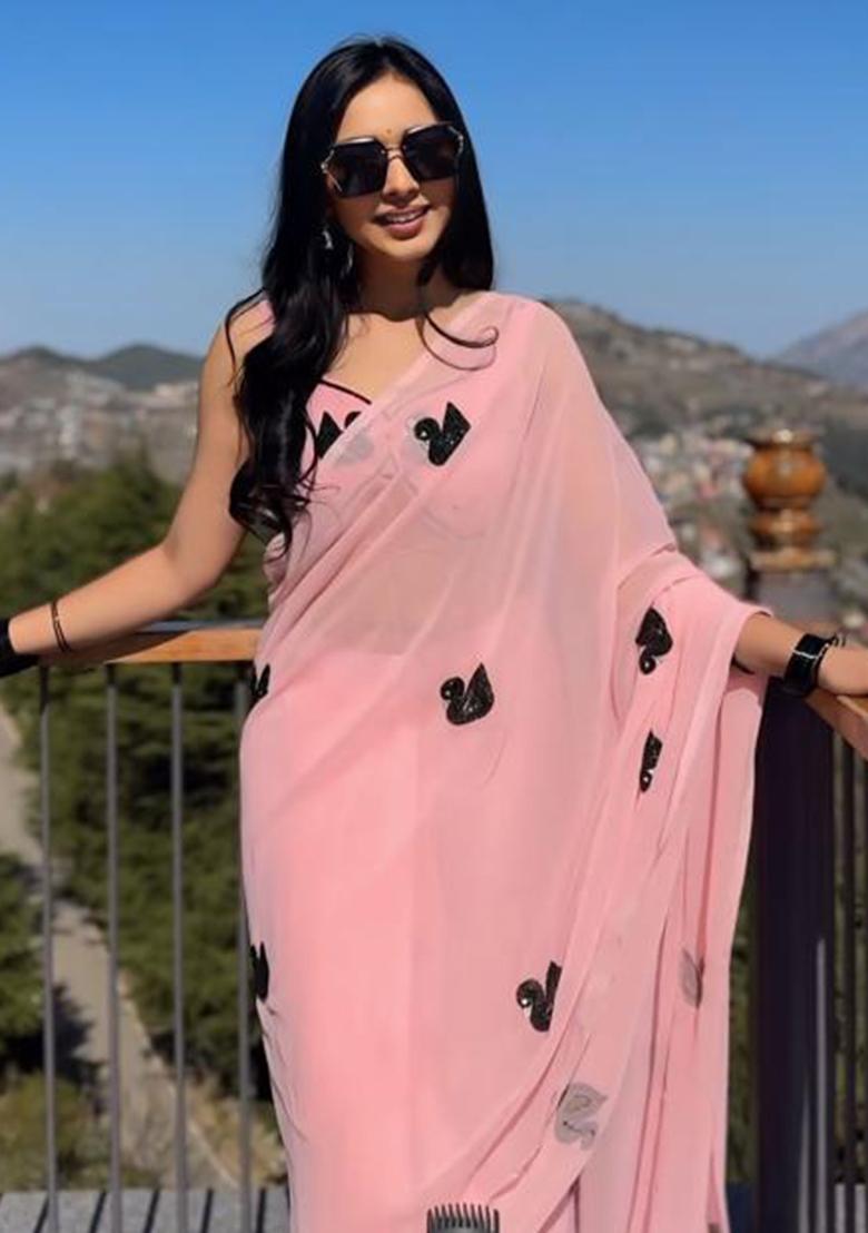 Pink Embroidered Georgette Saree Set - Indya