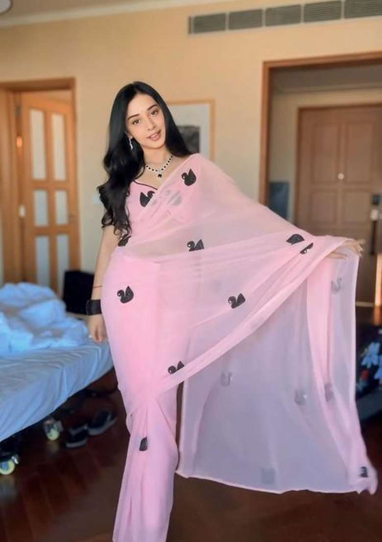 Pink Embroidered Georgette Saree Set - Indya