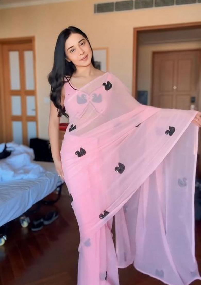 Pink Embroidered Georgette Saree Set - Indya