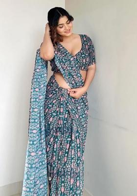 Teal Dark Green Embroidered Georgette Saree Set