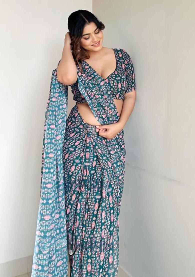Teal Dark Green Embroidered Georgette Saree Set