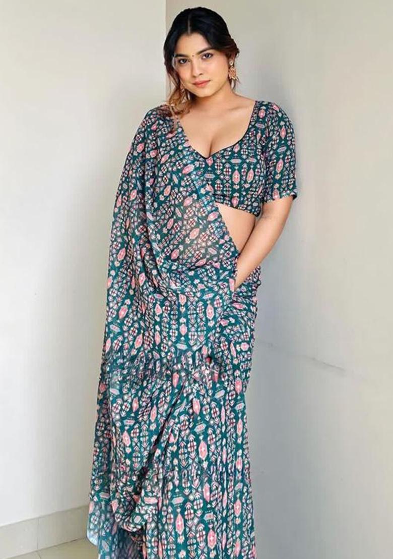 Teal Dark Green Embroidered Georgette Saree Set - Indya