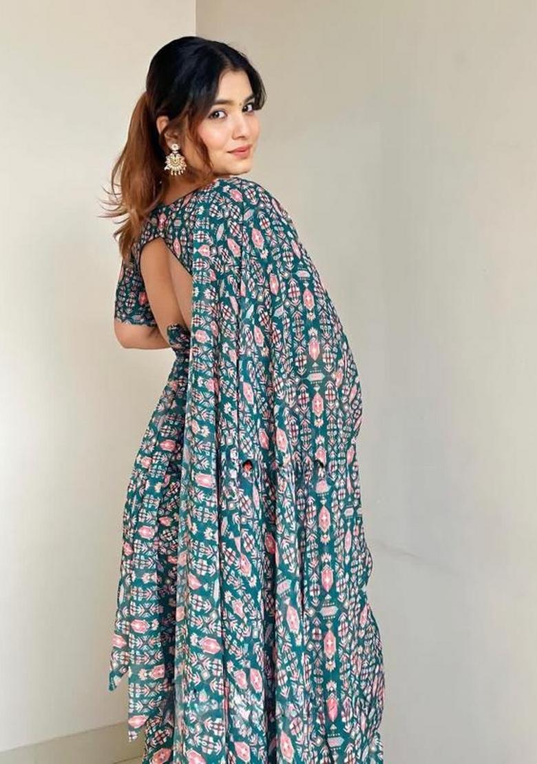 Teal Dark Green Embroidered Georgette Saree Set