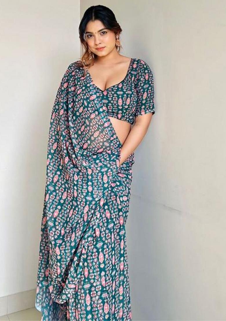 Teal Dark Green Embroidered Georgette Saree Set - Indya