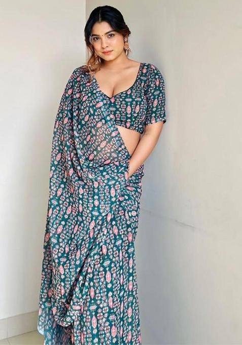 Teal Dark Green Embroidered Georgette Saree Set