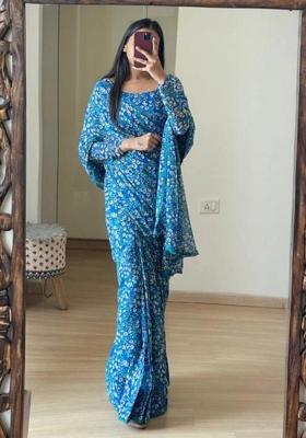 Rama Color Embroidered Georgette Saree Set