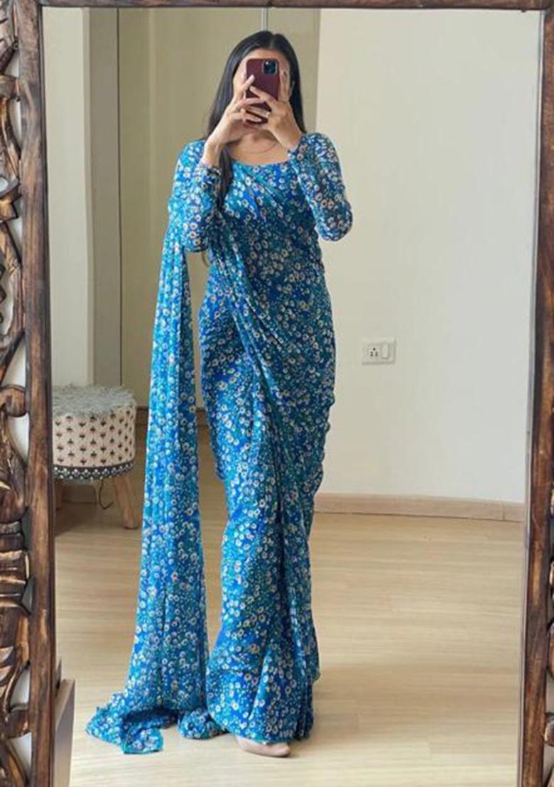 Rama Color Embroidered Georgette Saree Set - Indya